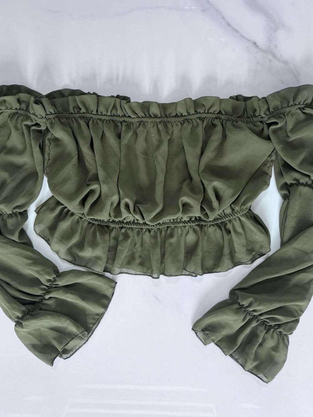 PrettyLittleThing Chiffon Bardot Frill Detail Long Sleeve Top Green Plus Size 16